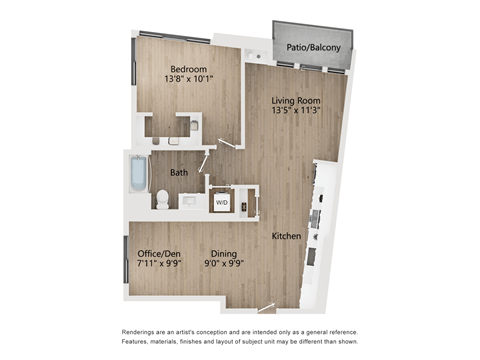 Floor plan for 1 bed, 1 bath, 882 sqft